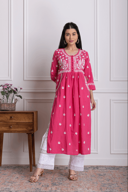 Fizaa Chikankari Kurti for Women With Pocket - Pink